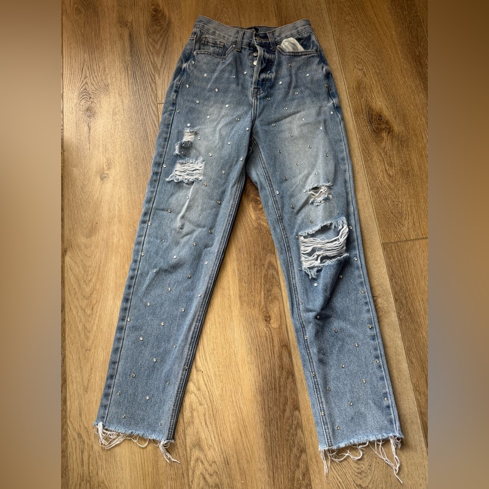 Stylish Distressed Blue Straight Leg Jeans
